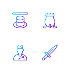 Wall Mural - Set line Dagger, Wizard warlock, Magic hat and wand and Witch cauldron. Gradient color icons. Vector