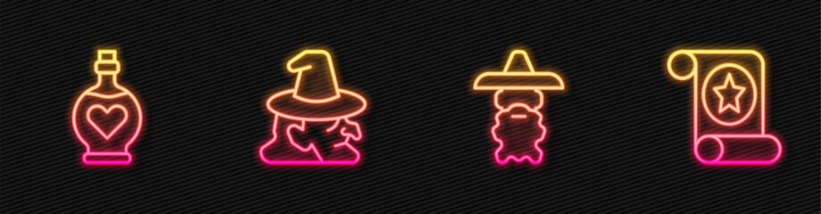 Wall Mural - Set line Wizard warlock, Bottle with love potion, Witch and Magic scroll. Glowing neon icon. Vector