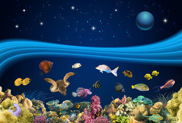 Wall Mural - Nature seascape with underwater creatures and night starry sky over surface - coral and fish