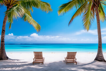 Wall Mural - Two empty beach chairs on beach.