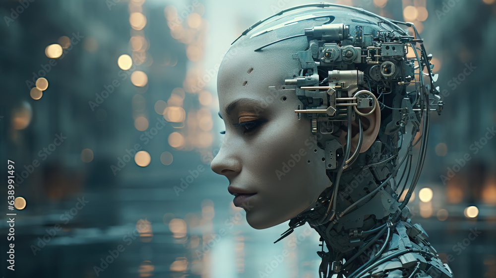 Human Body Computer Head Young female humanoid head is connected to a super computer ...
