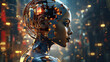 © Yeti Studio - Young female humanoid head is connected to a super computer, symbolizing artificial intelligence. Futuristic illustration of the relationship between humans and neural networks. Copy space