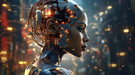 Young female humanoid head is connected to a super computer, symbolizing artificial intelligence. Futuristic illustration of the relationship between humans and neural networks. Copy space