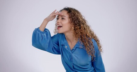 Canvas Print - Search, hand and woman in studio with wow news, announcement or information on white background. Searching, reading and female model with looking gesture for prize giveaway with coming soon info