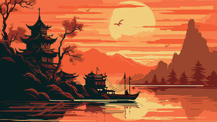 illustration chinese japanese nature landscape sunset with mountain lake background orange black artistic art good canvas print. Vector illustration