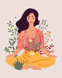 A woman meditates in a yoga lotus position surrounded by leaves and flowers. Concept of yoga practice, meditative relaxation, healthy lifestyle, leisure and wellness support. Vector.