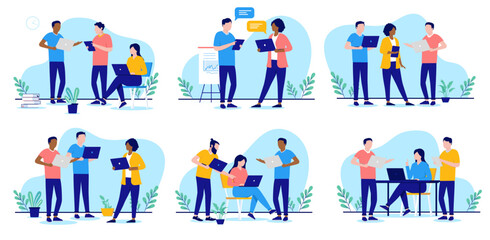 Poster - Office work vector collection - Set of illustrations with people working on computers, talking and discussing business. Flat design with white background