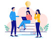 © Knut - Research idea work - Team of three people researching and comping up with ideas together with big light bulb. Flat design vector illustration with white background