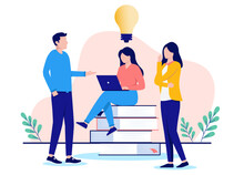 Research Idea Work - Team Of Three People Researching And Comping Up With Ideas Together With Big Light Bulb. Flat Design Vector Illustration With White Background