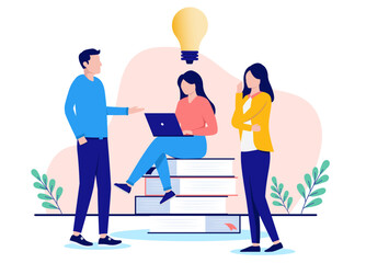 Poster - Research idea work - Team of three people researching and comping up with ideas together with big light bulb. Flat design vector illustration with white background