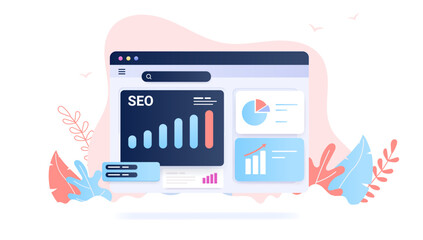 Wall Mural - seo analysis - vector illustration of web browser with search engine optimisation rising diagram and