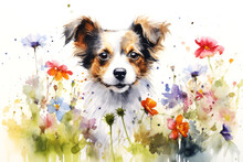 Charming Cartoon Dog Watercolor Puppy With Floral Accents. Drawing Artwork Concept