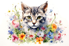 Whimsical Springtime Pet Watercolor Kitten In A Cute Floral Scene. Drawing Art Concept