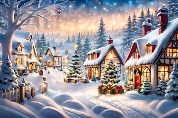 capture the magic of a winter wonderland with a snowy village scene ai generation