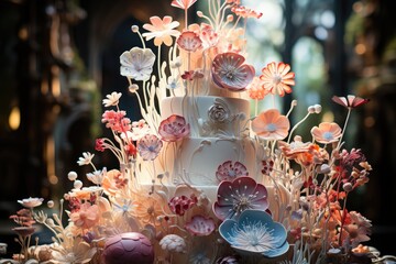 A cake comes to life like a surrealist enchanted garden., generative IA