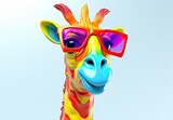 Fototapeta  - Stylish giraffe wearing a pair of trendy sunglasses. Digital art. Colored figurine made of ceramics, plasticine, plastic, other material. Illustration for cover, card or print.