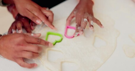 Canvas Print - Cookies, heart and hands of mother and daughter in kitchen for cooking, breakfast or learning. Food, love and support with closeup of people and helping in family home for dessert, recipe or pastry