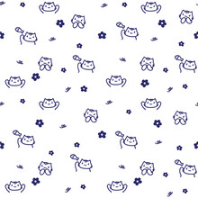Cute Cats Pattern. Kittens With Fishes Seamless Vector Illustration. Hand Drawn Blue Outline Isolate White Background For Wrapping Paper, Wallpaper, Fabric.
