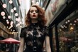 artistic woman street fashion portrait, pretty girl walking in urban city street, sexy elegance black lace dress, Generative Ai