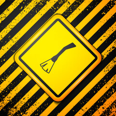 Sticker - Black Witches broom icon isolated on yellow background. Happy Halloween party. Warning sign. Vector