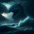 A gigantic sea monster emerging from the depths of the ocean, with a stormy sky and waves crashing against the shoreline,