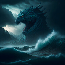 A Gigantic Sea Monster Emerging From The Depths Of The Ocean, With A Stormy Sky And Waves Crashing Against The Shoreline,