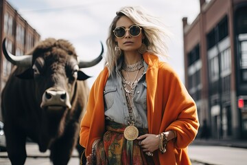 Poster - artistic woman street fashion portrait, pretty girl walking in urban city street, orange jacket with leisure dress, Generative Ai