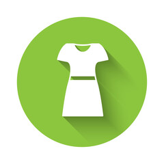 Sticker - White Woman dress icon isolated with long shadow background. Clothes sign. Green circle button. Vector