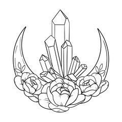 vector line art mystical celestial magic witchcraft elements. esoteric crescent moon, crystal, peony