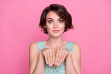 Closeup Photo Of Young Funky Playful Lady Bob Brown Hair Wear Blue Trendy Top Hands Gesture Hands Rabbit Isolated On Pink Color Background