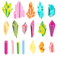 Wall Mural - Set of geometric colorful crystals Vector illustration isolated on white background. Alternative medicine, magic, crystal healing, astrology