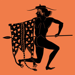 Wall Mural - Ancient Greek character with spear, hat and leopard skin. Fighting warrior, amazon or maenad. Vase painting style. Black and orange red silhouette.