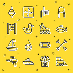 Sticker - Set line Toy train, Arrow with sucker tip, Submarine toy, Basketball backboard, Rubber duck, Abacus, Whirligig and Roller skate icon. Vector