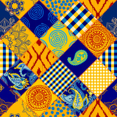 Fototapete - Textile patchwork pattern with blue and yellow colors. Vector image