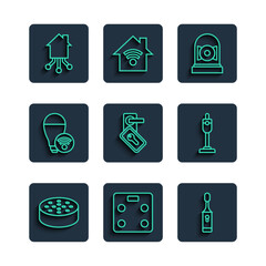 Canvas Print - Set line Water sensor, Smart bathroom scales, Electric toothbrush, Ringing alarm bell, Digital door lock, light bulb, home and Vacuum cleaner icon. Vector