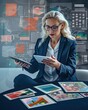 © Olexiy Vasilyuk - Elevate your business projects with this impactful image. A determined businesswoman harnesses the power of technology as she analyzes sales data on her tablet, surrounded by an array of products read