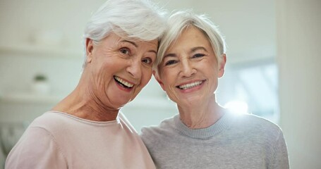 Wall Mural - Senior friends, portrait and hug with a smile in home together with support, love and happy profile picture in retirement. Laughing, face and elderly women with old friendship and embrace in house