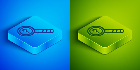 Sticker - Isometric line Unknown search icon isolated on blue and green background. Magnifying glass and question mark. Square button. Vector