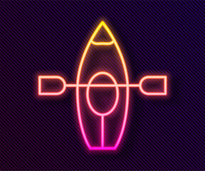 Poster - Glowing neon line Kayak and paddle icon isolated on black background. Kayak and canoe for fishing and tourism. Outdoor activities. Vector