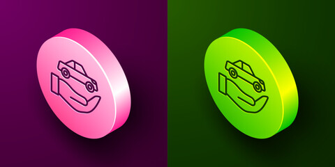 Sticker - Isometric line Car insurance icon isolated on purple and green background. Insurance concept. Security, safety, protection, protect concept. Circle button. Vector