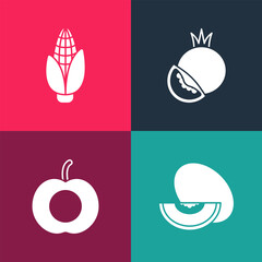 Poster - Set pop art Melon fruit, Peach, Tomato and Corn icon. Vector