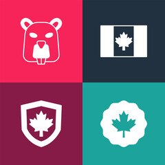 Poster - Set pop art Canadian maple leaf, Canada flag on shield, Flag of and Beaver animal icon. Vector