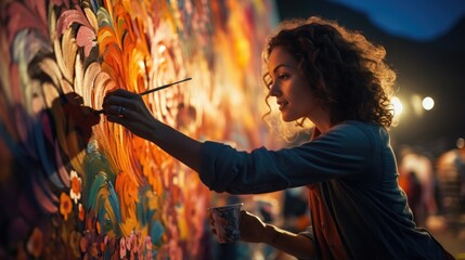 A street artist leaves a vibrant trace of paint with her brush and tells part of a story.