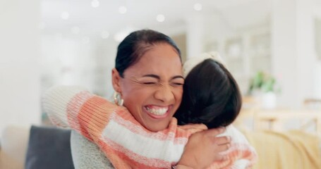 Sticker - Love, smile and mother hugging her child in the living room of modern home in the morning. Happy, bonding and girl kid embracing her young mom from Colombia for greeting in the lounge of family house