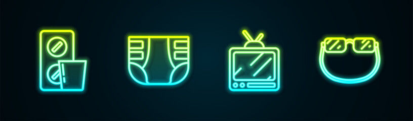 Poster - Set line Pills in blister pack, Adult diaper, Retro tv and Eyeglasses. Glowing neon icon. Vector