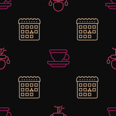 Sticker - Set line Barbershop chair, Calendar with haircut day and Coffee cup on seamless pattern. Vector