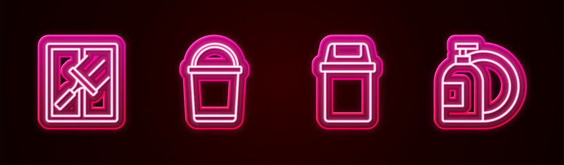 Poster - Set line Rubber cleaner for windows, Bucket, Trash can and Dishwashing liquid bottle. Glowing neon icon. Vector