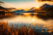 A Golden Sunset Over A Tranquil Lake, With The Mountains In The Distance