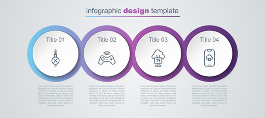 Sticker - Set line No audio jack, Wireless gamepad, Smart Tv and Cloud technology data. Business infographic template. Vector