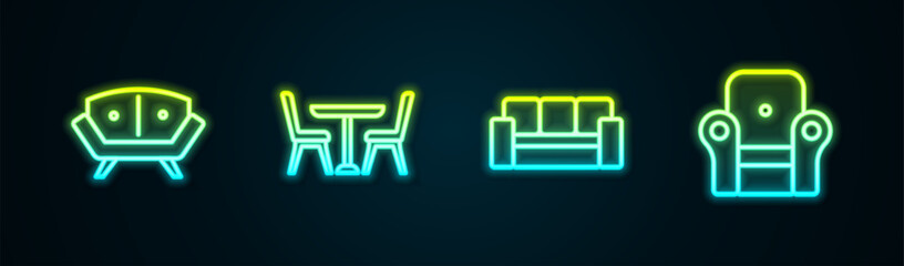 Wall Mural - Set line Sofa, Table with chair, and Armchair. Glowing neon icon. Vector